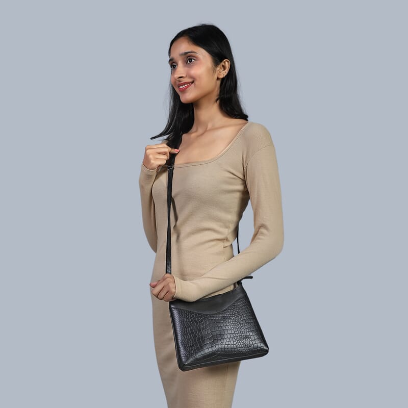 Black Croco Embossed Genuine Leather Tote Bag with Free Crossbody Bag