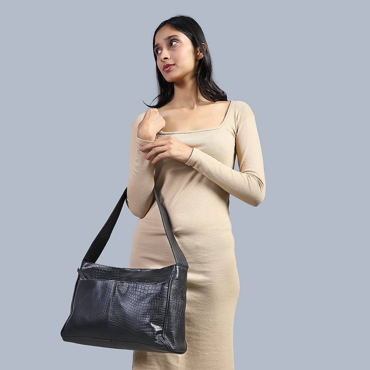 Black Croco Embossed Genuine Leather Tote Bag with Free Crossbody Bag image number 2