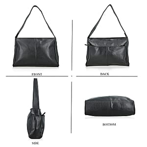 Black Croco Embossed Genuine Leather Tote Bag with Free Crossbody Bag