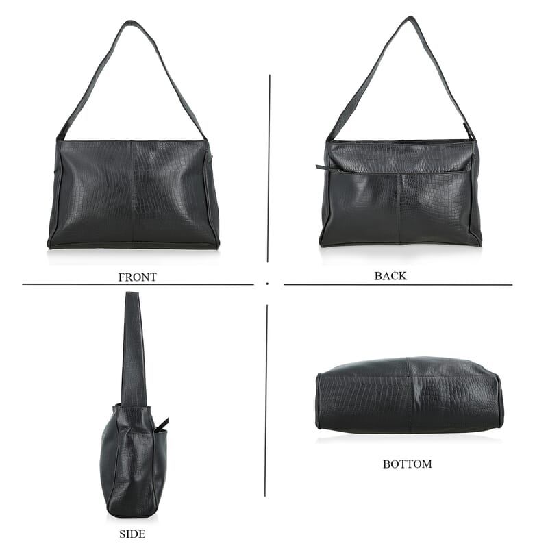 Black Croco Embossed Genuine Leather Tote Bag with Free Crossbody Bag