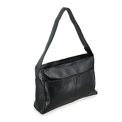 Black Croco Embossed Genuine Leather Tote Bag with Free Crossbody Bag