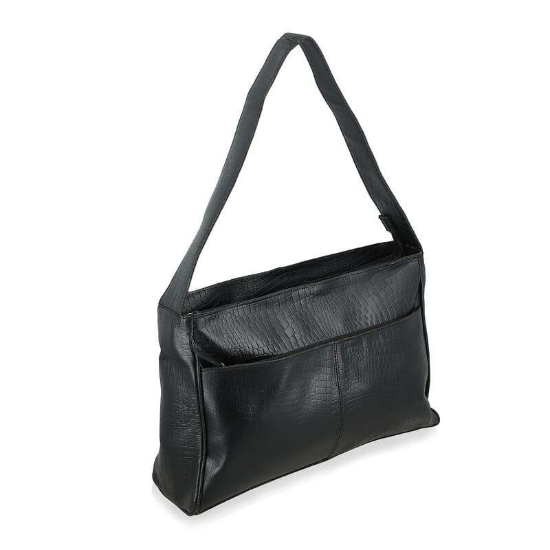 Black Croco Embossed Genuine Leather Tote Bag with Free Crossbody Bag