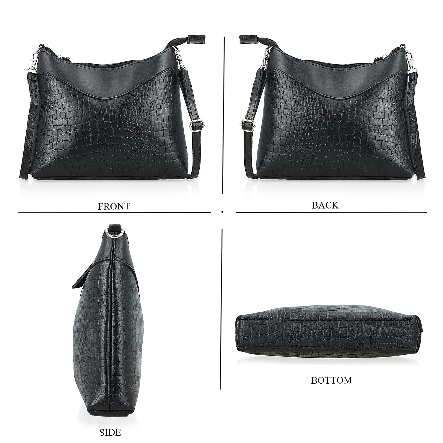 Black Croco Embossed Genuine Leather Tote Bag with Free Crossbody Bag