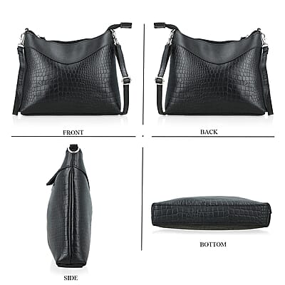 Black Croco Embossed Genuine Leather Tote Bag with Free Crossbody Bag