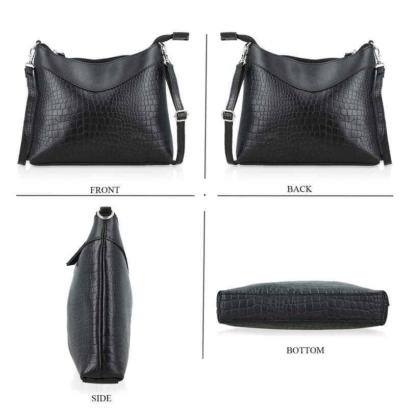 Black Croco Embossed Genuine Leather Tote Bag with Free Crossbody Bag