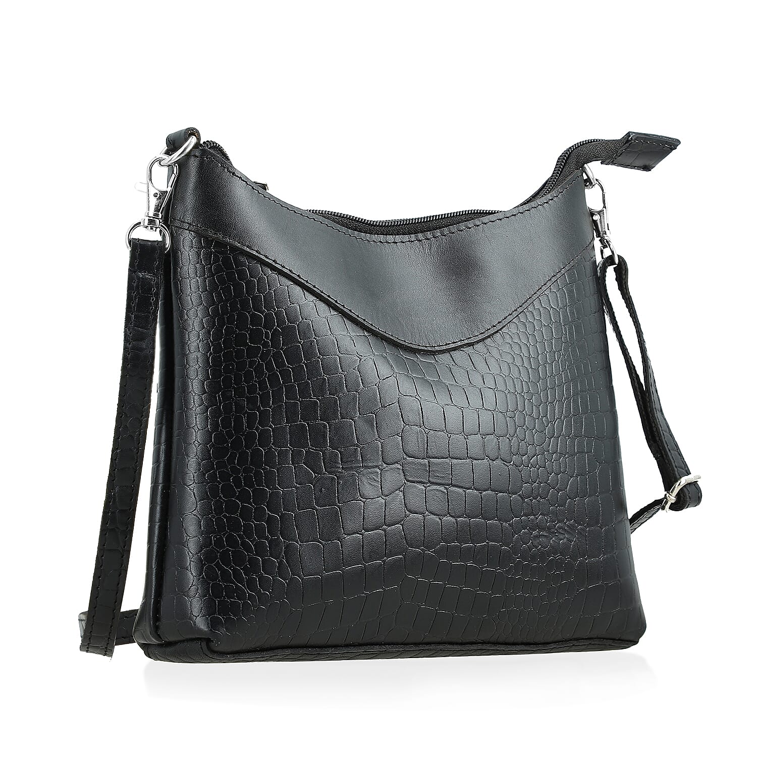 Black Croco Embossed Genuine Leather Tote Bag with Free Crossbody Bag