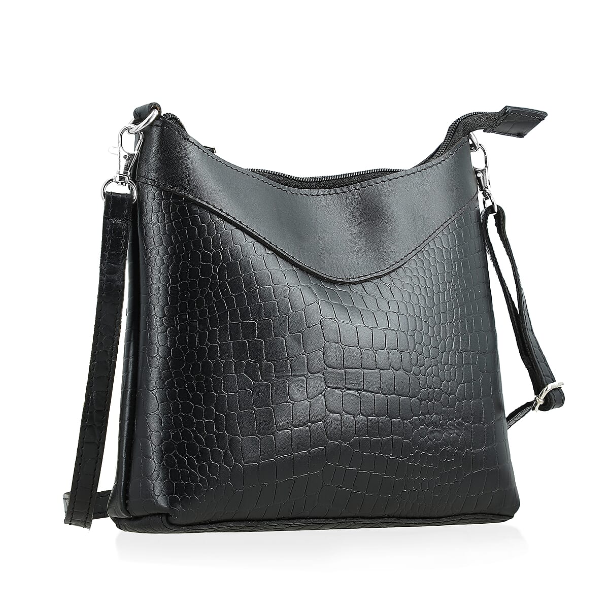 Black Croco Embossed Genuine Leather Tote Bag with Free Crossbody Bag image number 6
