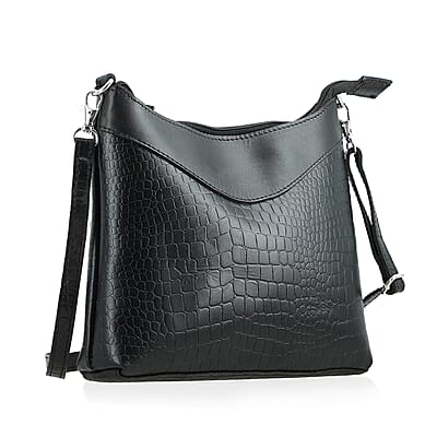Black Croco Embossed Genuine Leather Tote Bag with Free Crossbody Bag