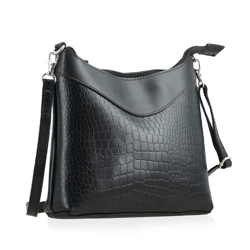 Black Croco Embossed Genuine Leather Tote Bag with Free Crossbody Bag