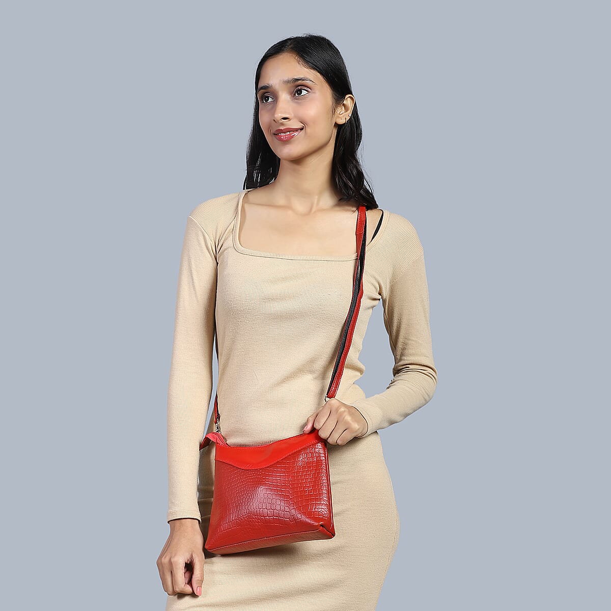 Red Croco Embossed Genuine Leather Tote Bag with Free Crossbody Bag image number 1