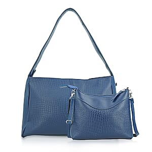Navy Croco Embossed Genuine Leather Tote Bag with Free Crossbody Bag