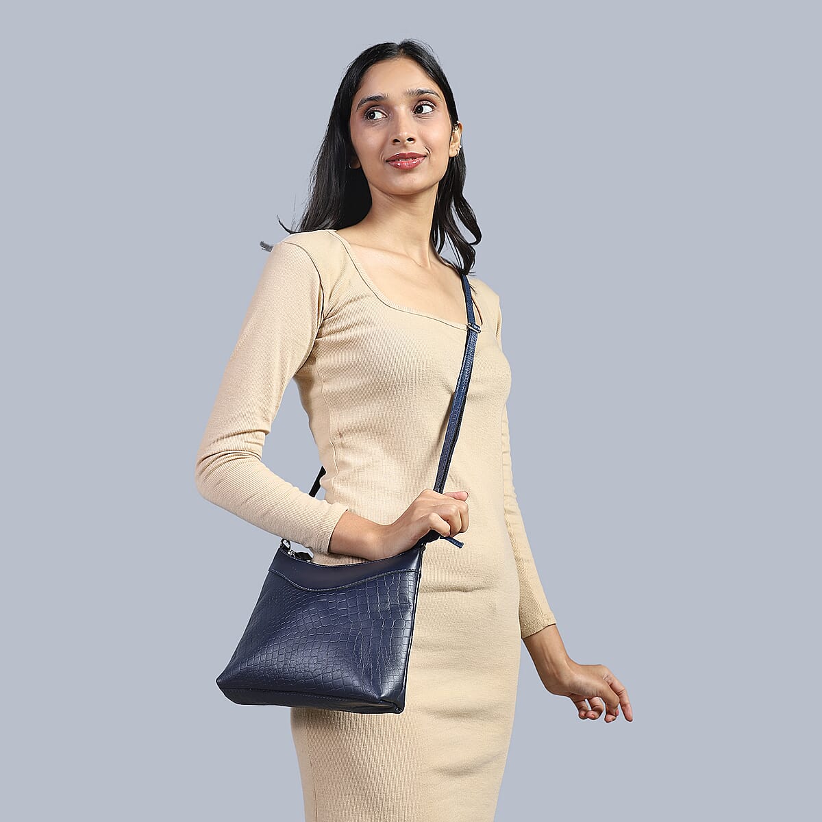 Navy Croco Embossed Genuine Leather Tote Bag with Free Crossbody Bag image number 1