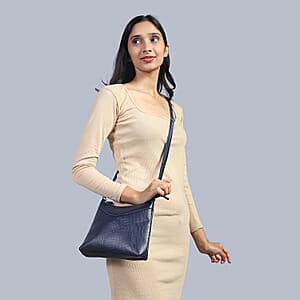 Navy Croco Embossed Genuine Leather Tote Bag with Free Crossbody Bag