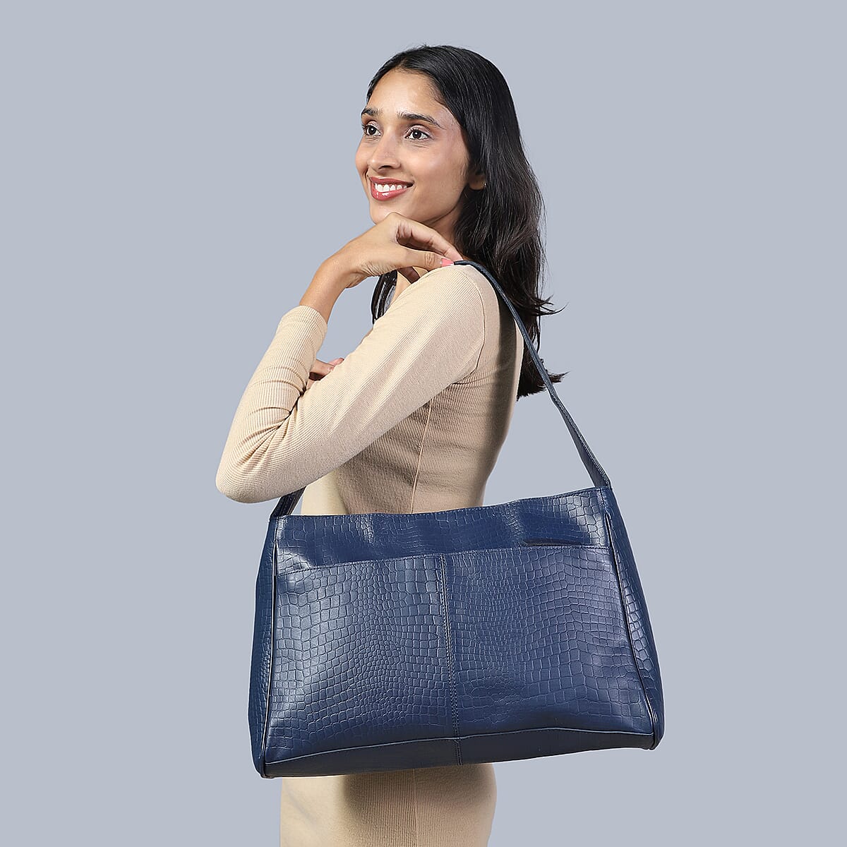 Navy Croco Embossed Genuine Leather Tote Bag with Free Crossbody Bag image number 2
