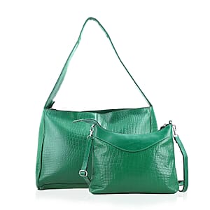 Green Croco Embossed Genuine Leather Tote Bag with Free Crossbody Bag