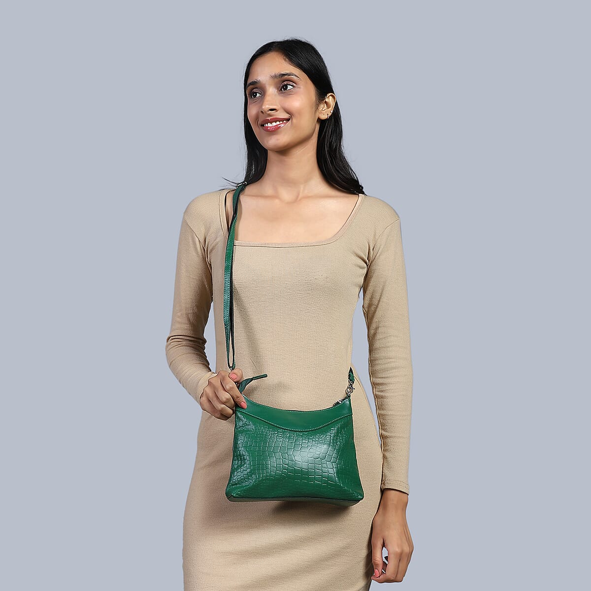 Green Croco Embossed Genuine Leather Tote Bag with Free Crossbody Bag image number 1