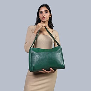 Green Croco Embossed Genuine Leather Tote Bag with Free Crossbody Bag