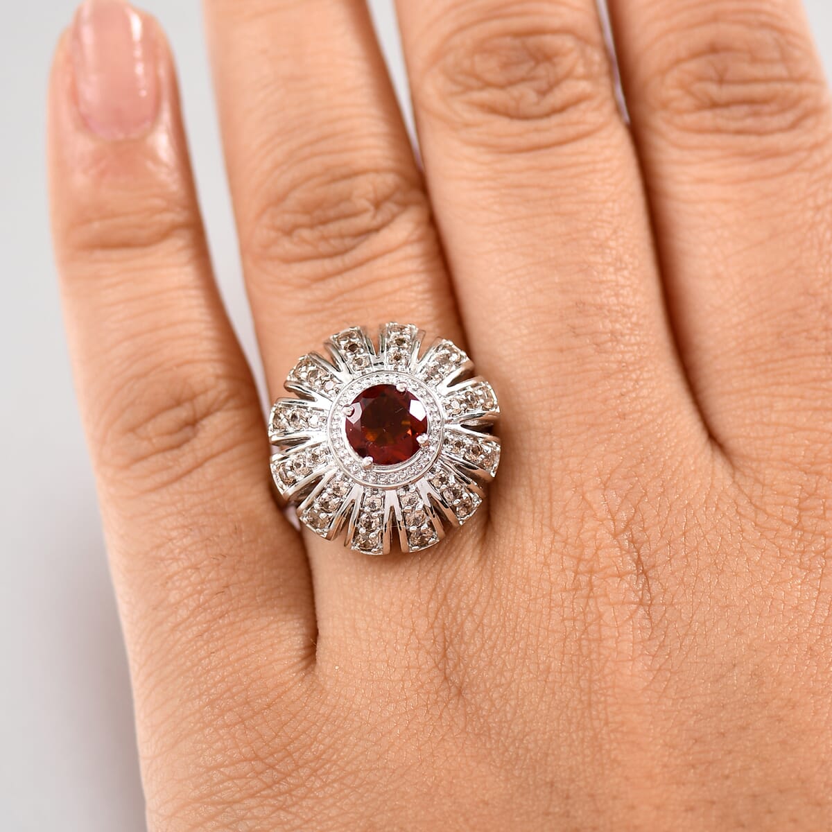 Karis Brazilian Cherry Citrine and Brown Zircon 3.10 ctw Sunset Ring Platinum Bond (Size 10.0) image number 2