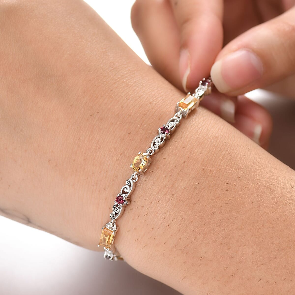 Karis Brazilian Citrine and Orissa Rhodolite Garnet 3.75 ctw Art Deco Bracelet Platinum Bond (6.50 In) image number 2