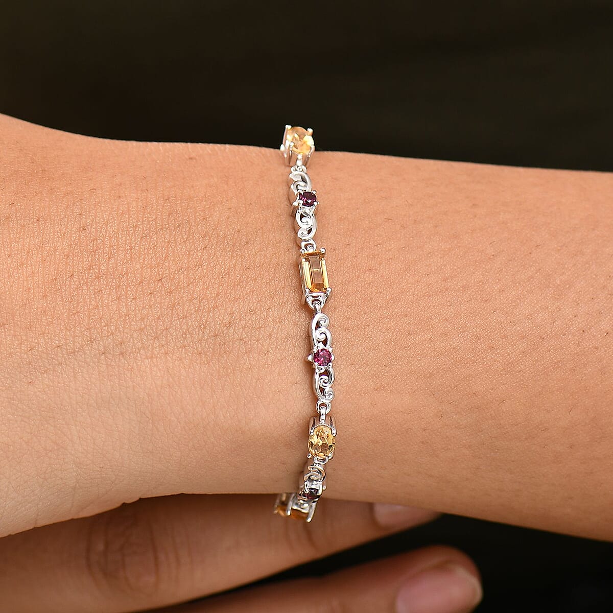 Karis Brazilian Citrine and Orissa Rhodolite Garnet 4.65 ctw Art Deco Bracelet Platinum Bond (8.00 In) image number 2