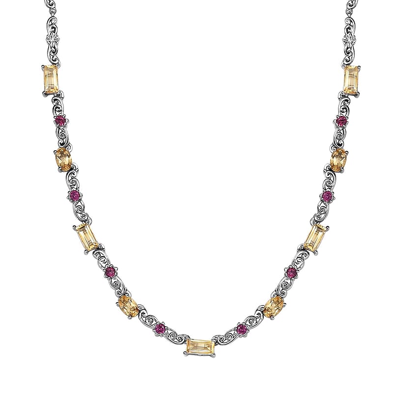 Karis Brazilian Citrine and Orissa Rhodolite 5.35 ctw Garnet Art Deco Necklace Platinum Bond 18 Inches