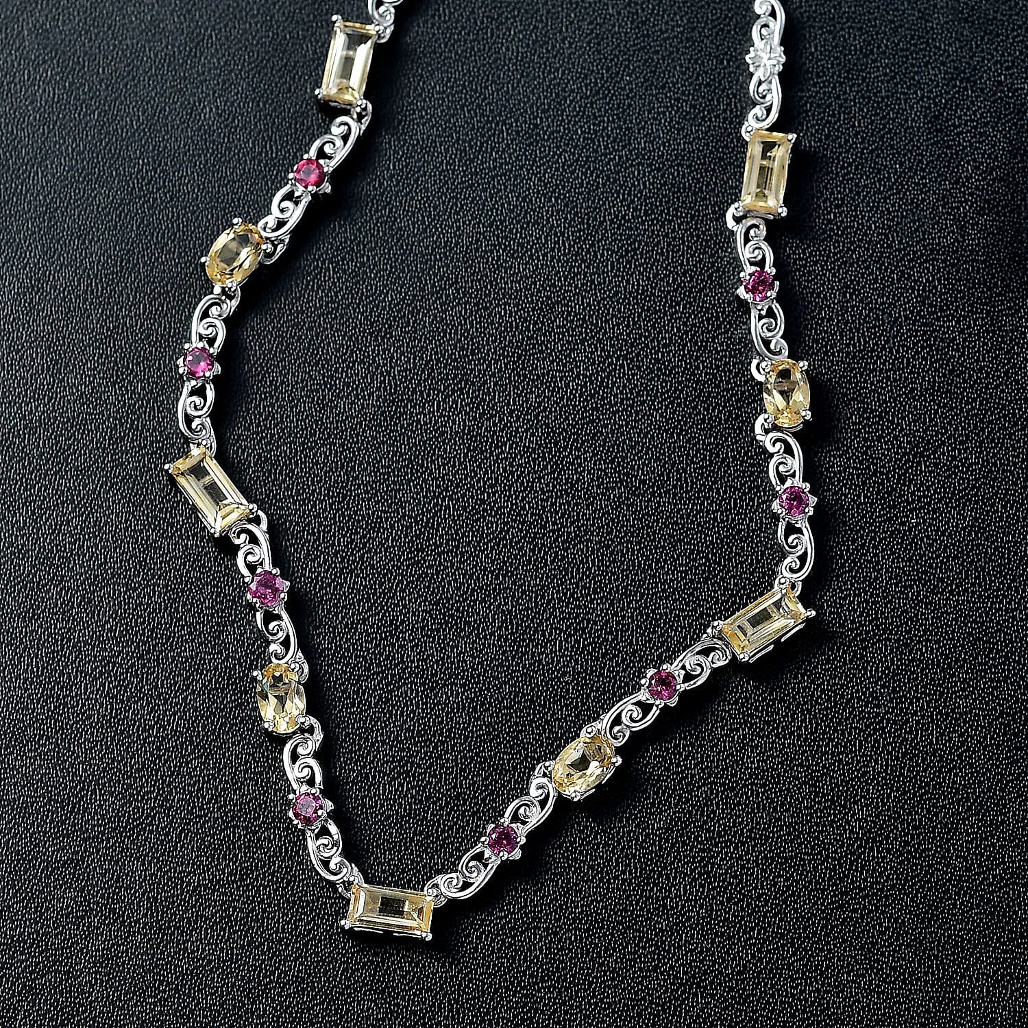 Karis Brazilian Citrine and Orissa Rhodolite 5.35 ctw Garnet Art Deco Necklace Platinum Bond 18 Inches