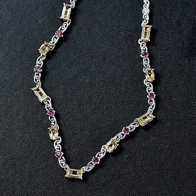 Karis Brazilian Citrine and Orissa Rhodolite 5.35 ctw Garnet Art Deco Necklace Platinum Bond 18 Inches