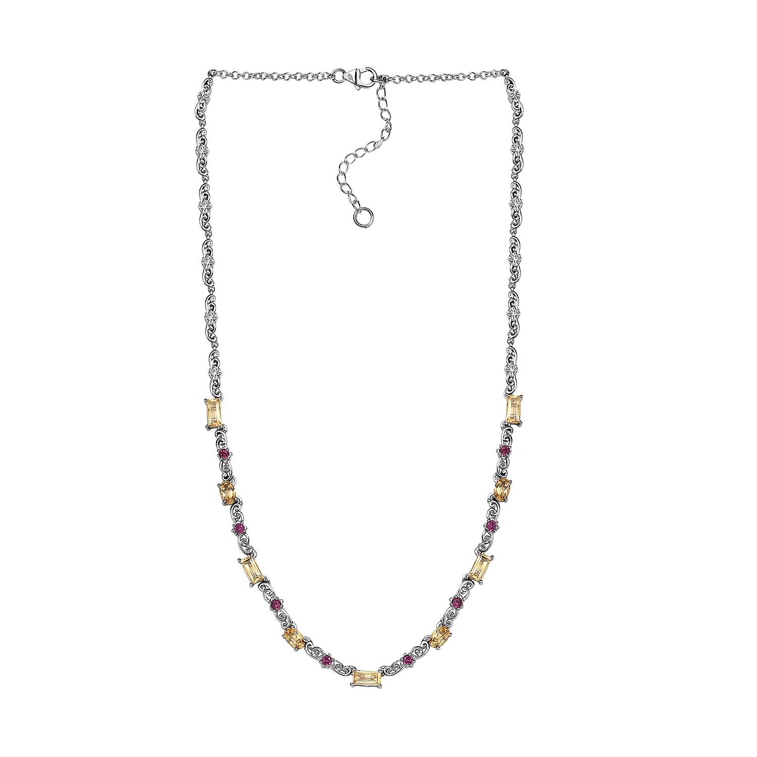 Karis Brazilian Citrine and Orissa Rhodolite 5.35 ctw Garnet Art Deco Necklace Platinum Bond 18 Inches