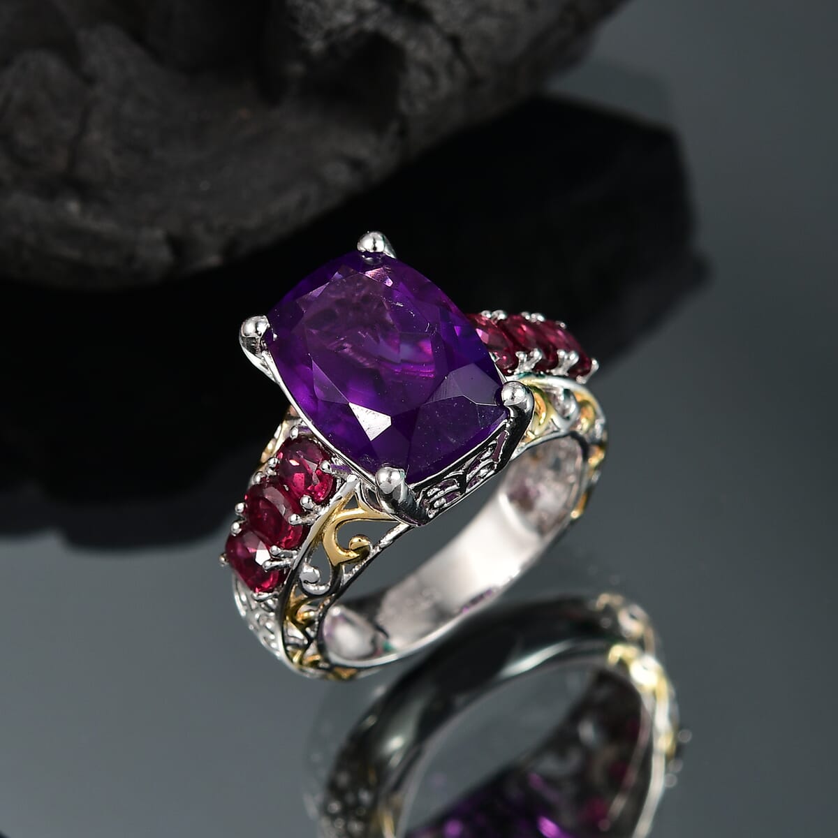 Karis African Amethyst and Orissa Rhodolite Garnet 7.85 ctw Royal Romance Ring in 18K YG Plated and Platinum Bond (Size 10.0) image number 1