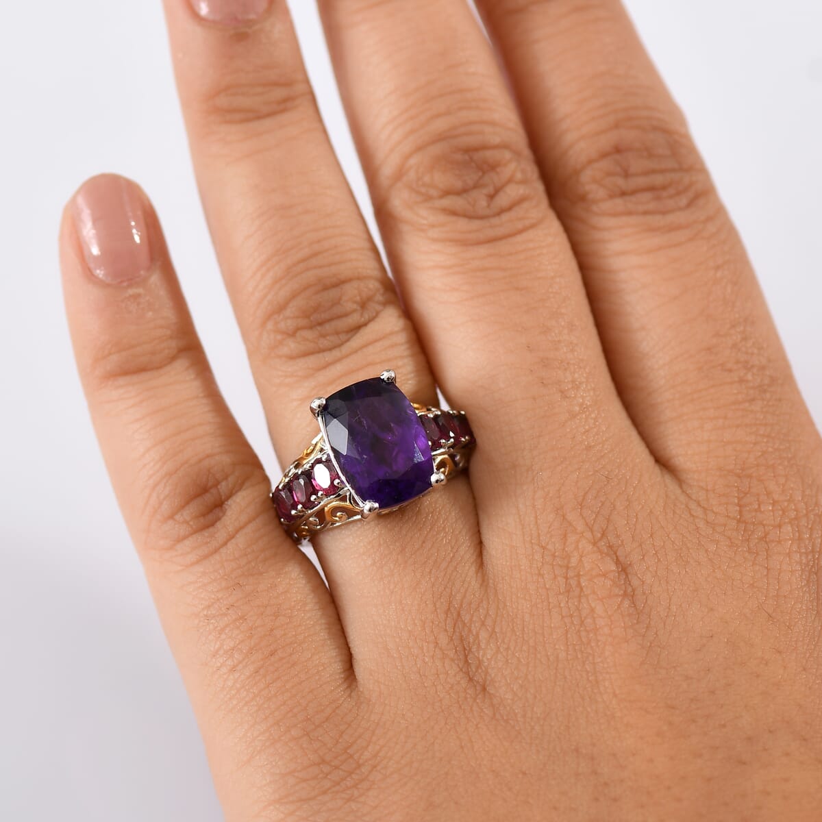 Karis African Amethyst and Orissa Rhodolite Garnet 7.85 ctw Royal Romance Ring in 18K YG Plated and Platinum Bond (Size 10.0) image number 2