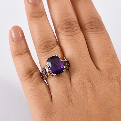Karis African Amethyst and Orissa Rhodolite Garnet 7.85 ctw Royal Romance Ring in 18K YG Plated and Platinum Bond (Size 10.0)