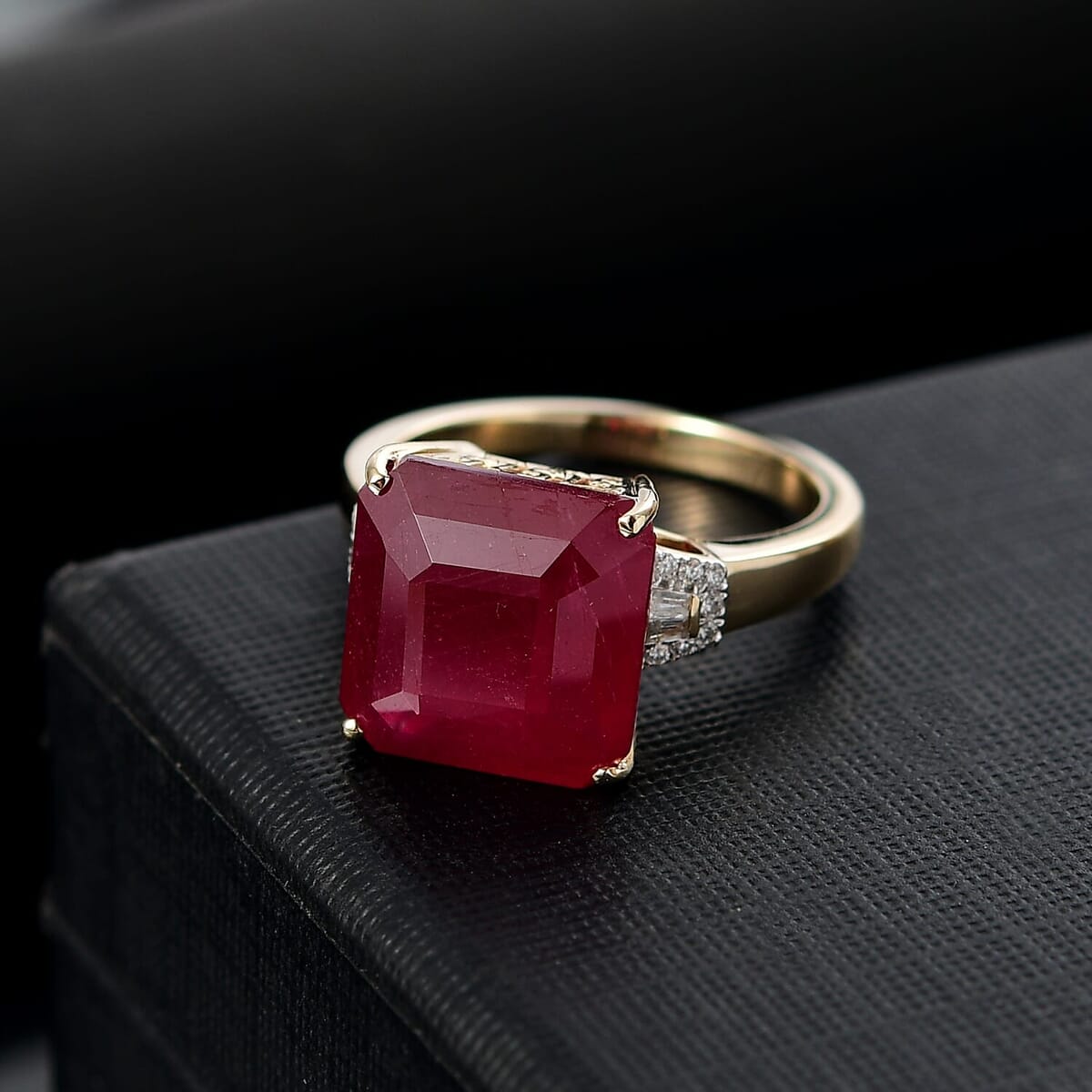 Luxoro AAA Asscher Cut Niassa Ruby FF and I2 Diamond 13.60 ctw Antique Greek Key Ring in 10K Yellow Gold (Size 10.0) image number 1