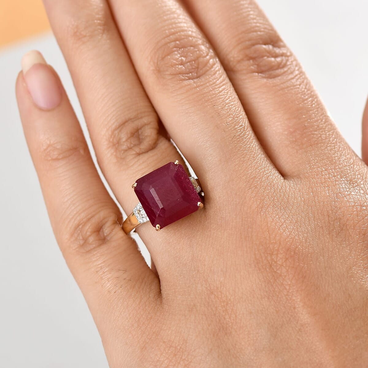 Luxoro AAA Asscher Cut Niassa Ruby FF and I2 Diamond 13.60 ctw Antique Greek Key Ring in 10K Yellow Gold (Size 10.0) image number 2