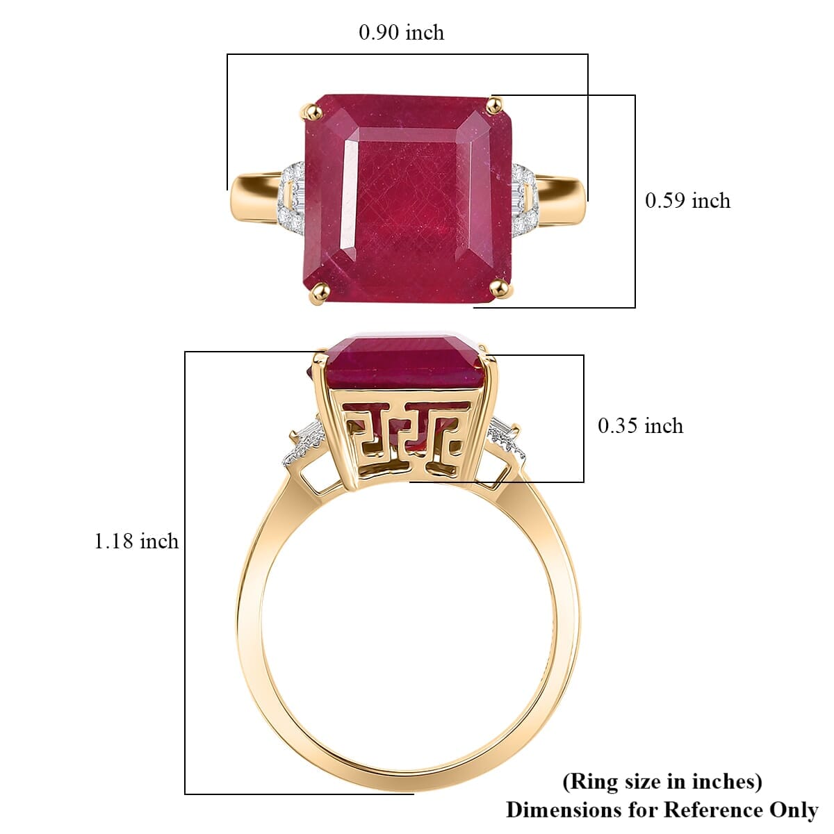 Luxoro AAA Asscher Cut Niassa Ruby FF and I2 Diamond 13.60 ctw Antique Greek Key Ring in 10K Yellow Gold (Size 10.0) image number 5