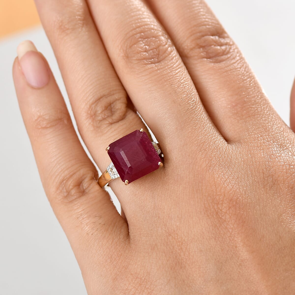 Luxoro AAA Asscher Cut Niassa Ruby FF and I2 Diamond 13.60 ctw Antique Greek Key Ring in 10K Yellow Gold (Size 6.0) image number 2