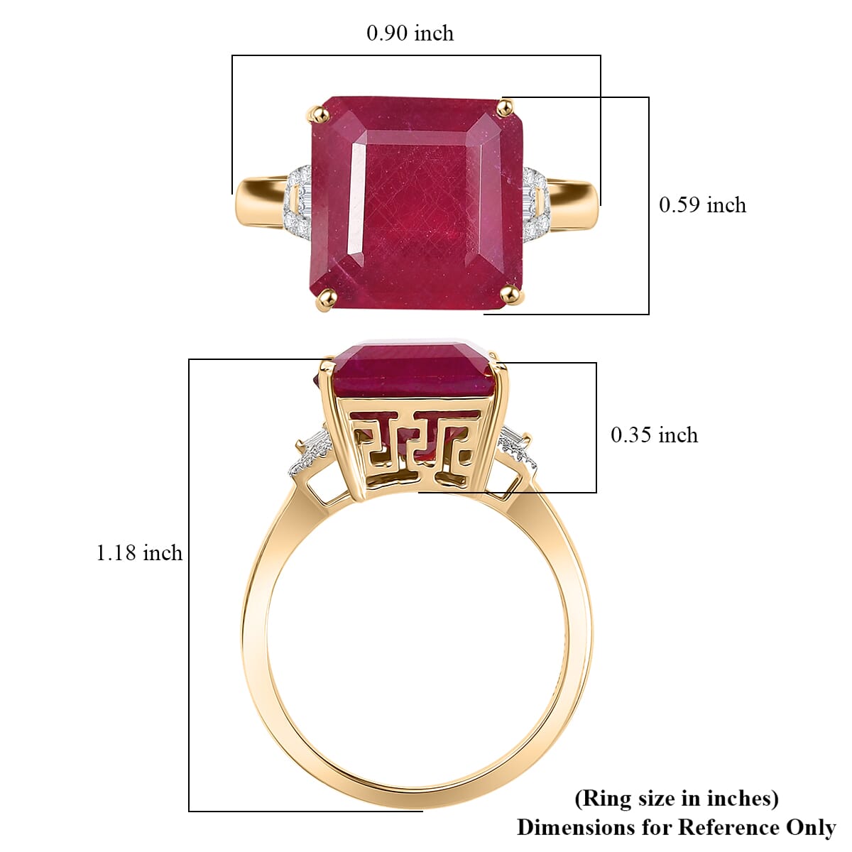 Luxoro AAA Asscher Cut Niassa Ruby FF and I2 Diamond 13.60 ctw Antique Greek Key Ring in 10K Yellow Gold (Size 6.0) image number 5