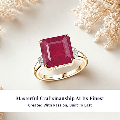 Luxoro AAA Asscher Cut Niassa Ruby FF and I2 Diamond 13.60 ctw Antique Greek Key Ring in 10K Yellow Gold (Size 7.0)