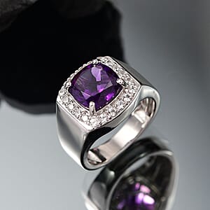 EverTrue African Amethyst and White Zircon 5.00 ctw Mens Ring in Platinum Bond (Size 10.0)