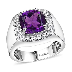 EverTrue African Amethyst, White Zircon Mens Ring in Platinum Bond 5.00 ctw (Size 11.0)