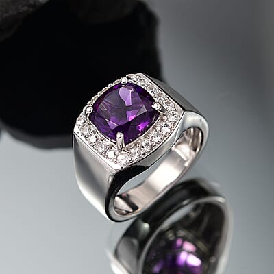 EverTrue African Amethyst and White Zircon 5.00 ctw Men's Ring in Platinum Bond (Size 12.0)