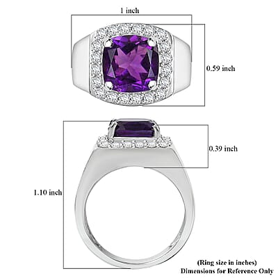 EverTrue African Amethyst and White Zircon 5.00 ctw Men's Ring in Platinum Bond (Size 12.0)