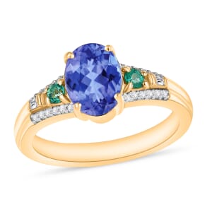 Luxoro Premium Tanzanite, Boyaca Colombian Emerald and G-H I2 Diamond 1.82 ctw Ring in 10K Yellow Gold (Size 10.5)