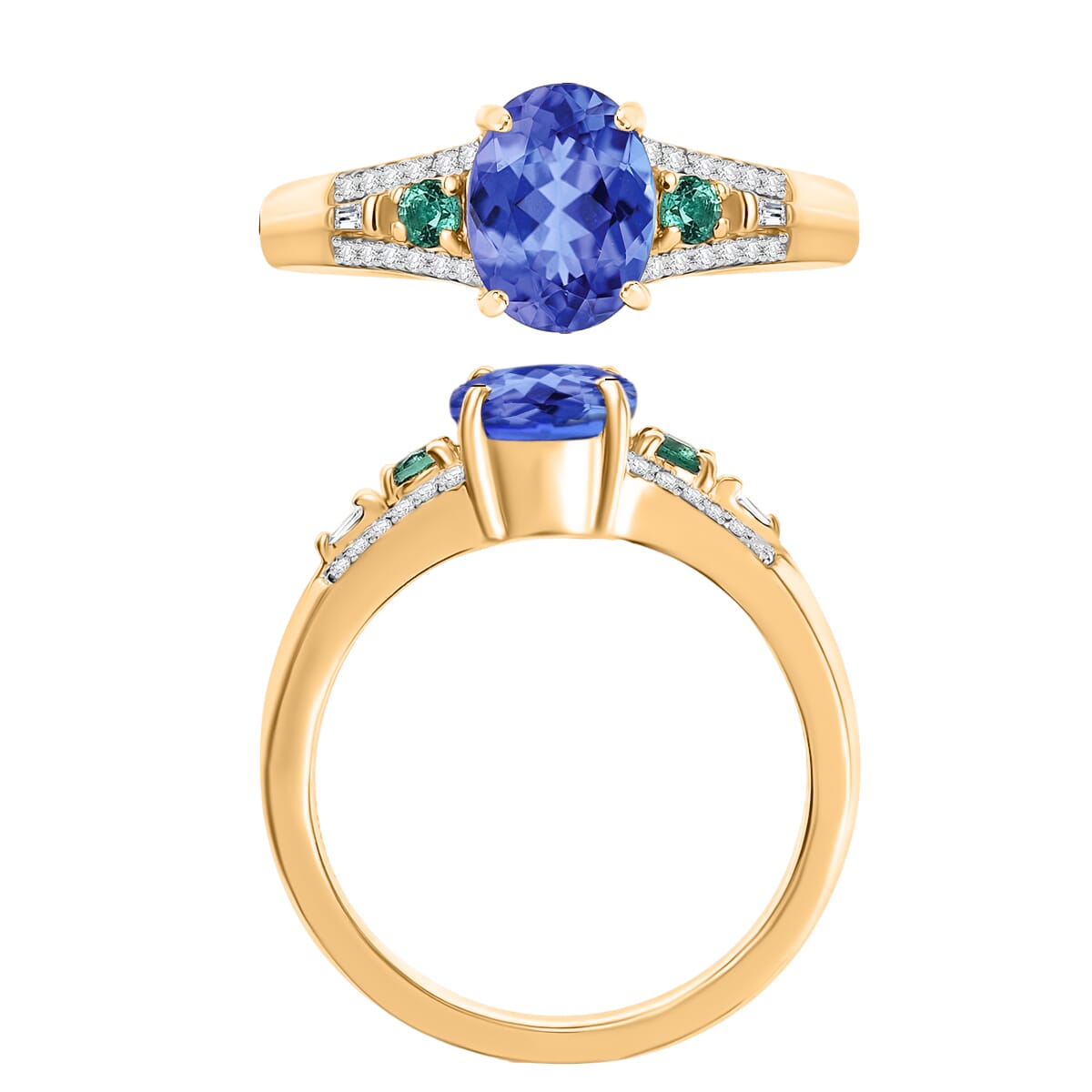 Luxoro Premium Tanzanite, Boyaca Colombian Emerald and G-H I2 Diamond 1.82 ctw Ring in 10K Yellow Gold (Size 10.5) image number 3