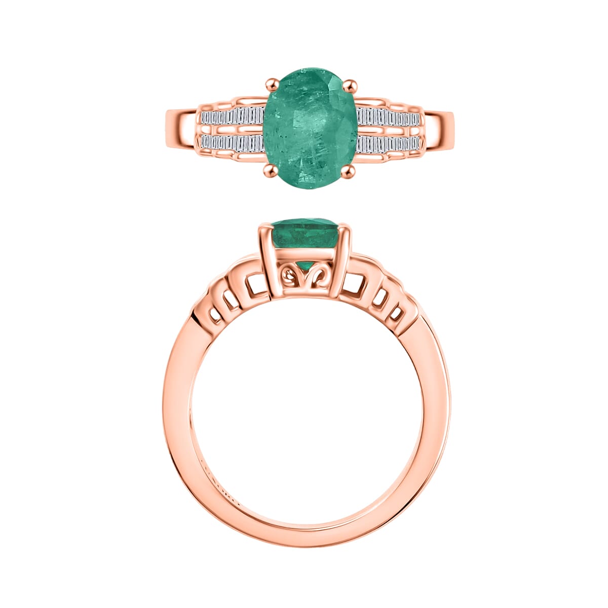 Luxoro Premium Kagem Zambian Emerald and G-H I2 Diamond 2.08 ctw Ring in 10K Rose Gold (Size 10.0) image number 3