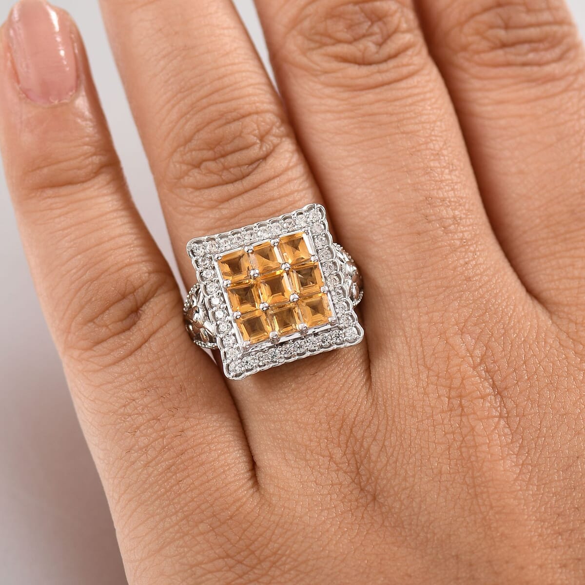 Premium Brazilian Citrine and White Zircon 2.80 ctw Ring in Platinum Over Sterling Silver image number 2