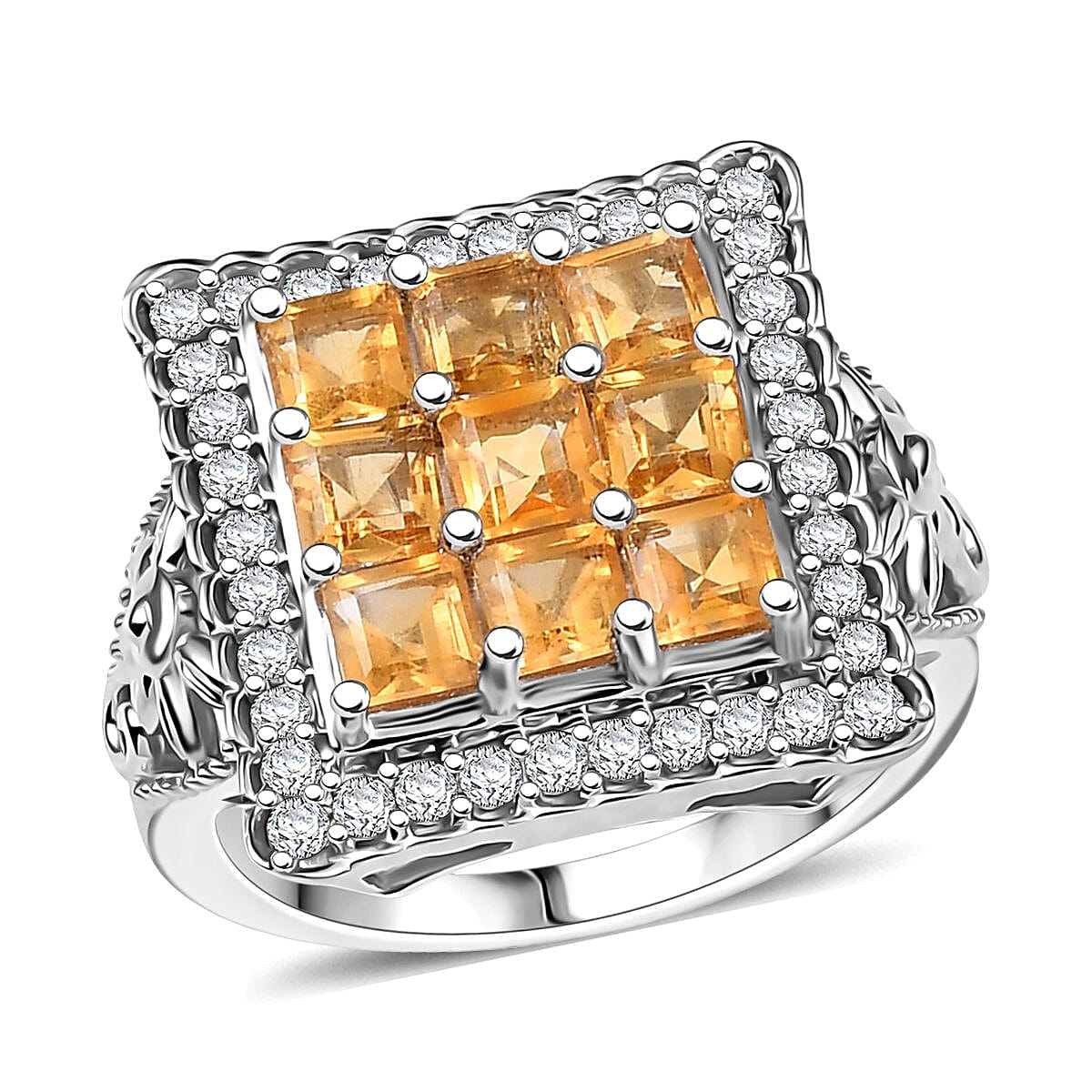 D'Joy Premium Brazilian Citrine and White Zircon 2.80 ctw Floral Ring in Platinum Over Sterling Silver (Size 6.0)  image number 0
