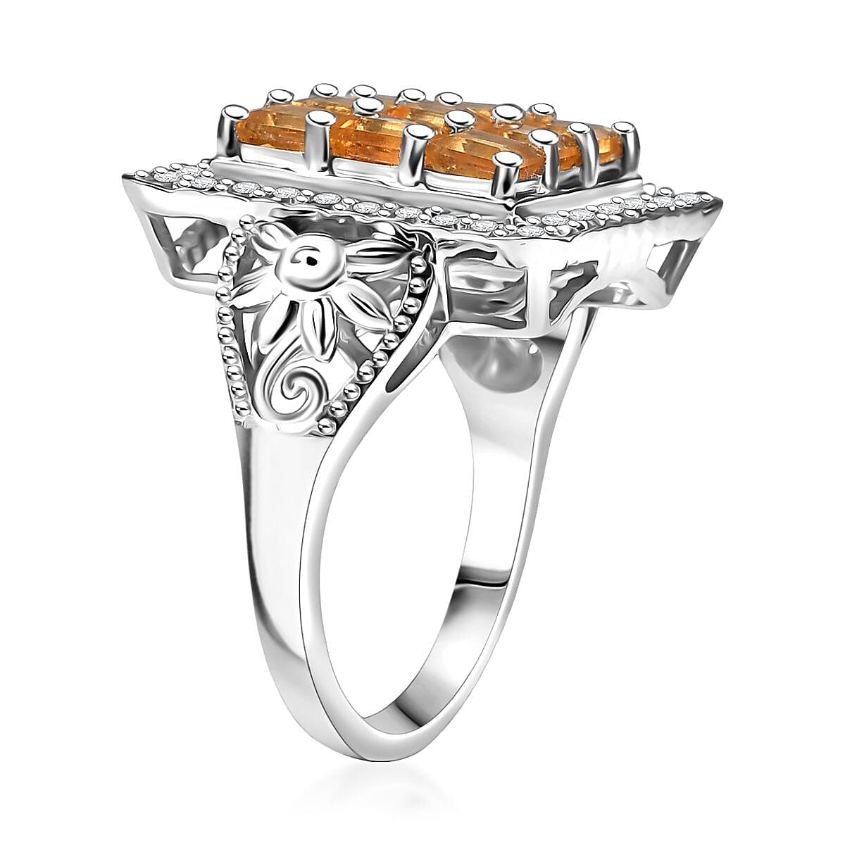 D'Joy Premium Brazilian Citrine and White Zircon 2.80 ctw Floral Ring in Platinum Over Sterling Silver (Size 6.0)  image number 3