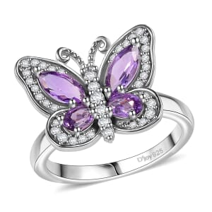 D'Joy Rose De France Amethyst and White Zircon 1.50 ctw Butterfly Ring in Platinum Over Sterling Silver (Size 10.0)