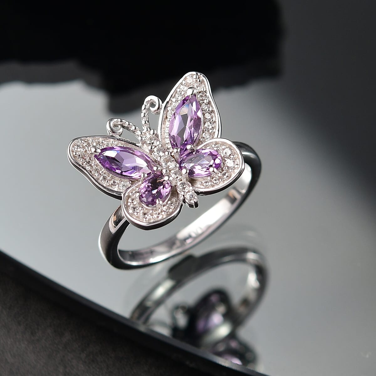 D'Joy Rose De France Amethyst and White Zircon 1.50 ctw Butterfly Ring in Platinum Over Sterling Silver (Size 10.0) image number 1