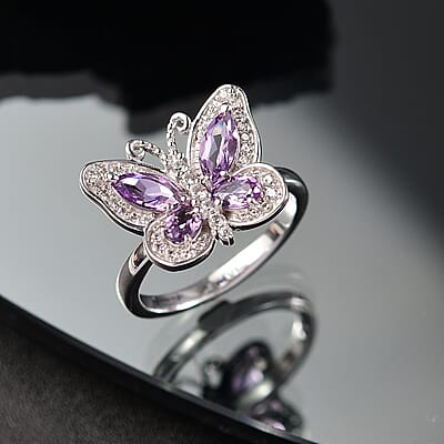 D'Joy Rose De France Amethyst and White Zircon 1.50 ctw Butterfly Ring in Platinum Over Sterling Silver (Size 10.0)